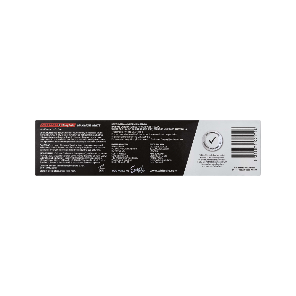 White Glo Charcoal + Baking Soda Maximum White Toothpaste 150g